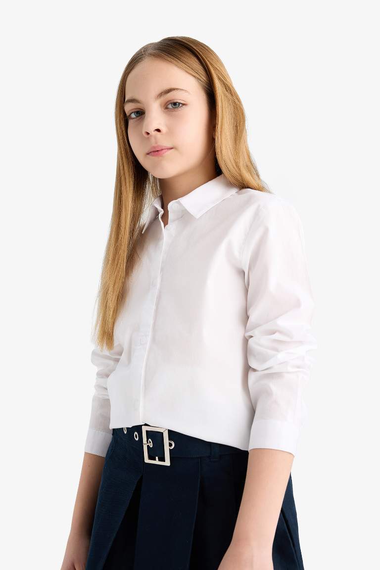 Kız Çocuk Poplin Uzun Kollu Beyaz Basic Düz Okul Gömleği
