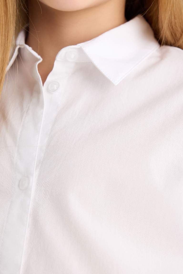 Kız Çocuk Poplin Uzun Kollu Beyaz Basic Düz Okul Gömleği