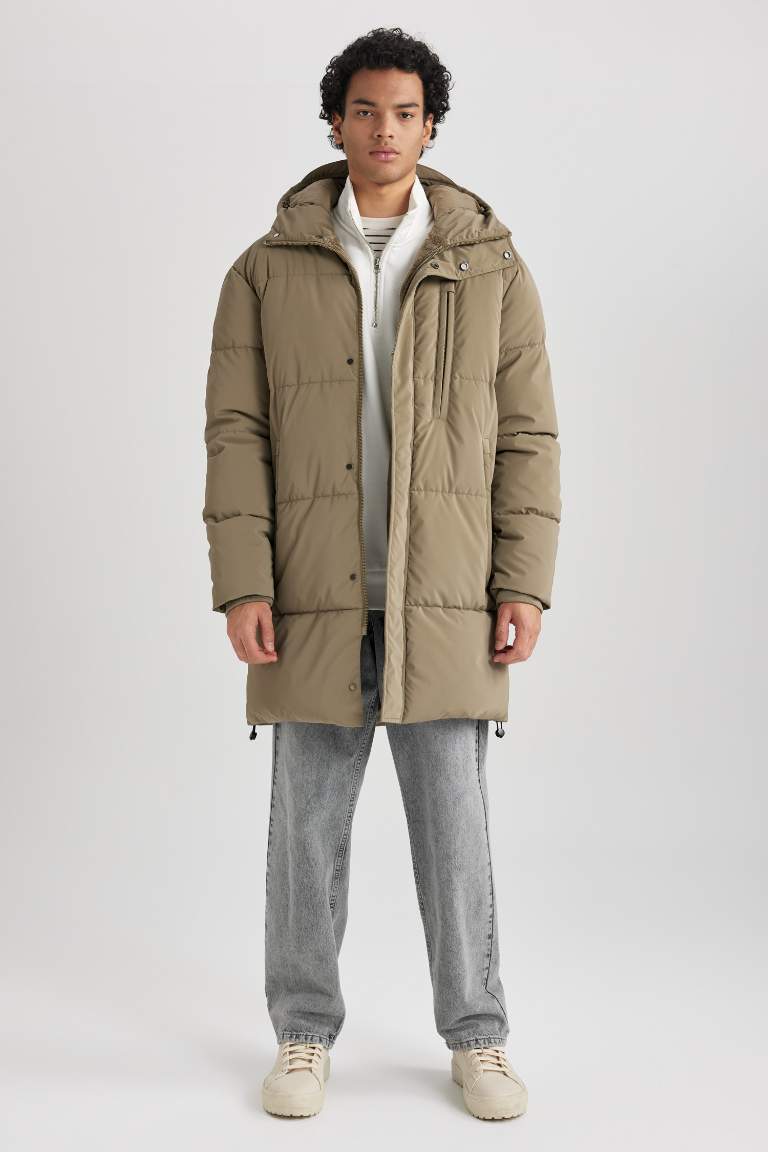 Regular Fit Hooded Faux Fur Lined Long Puffer Jacket