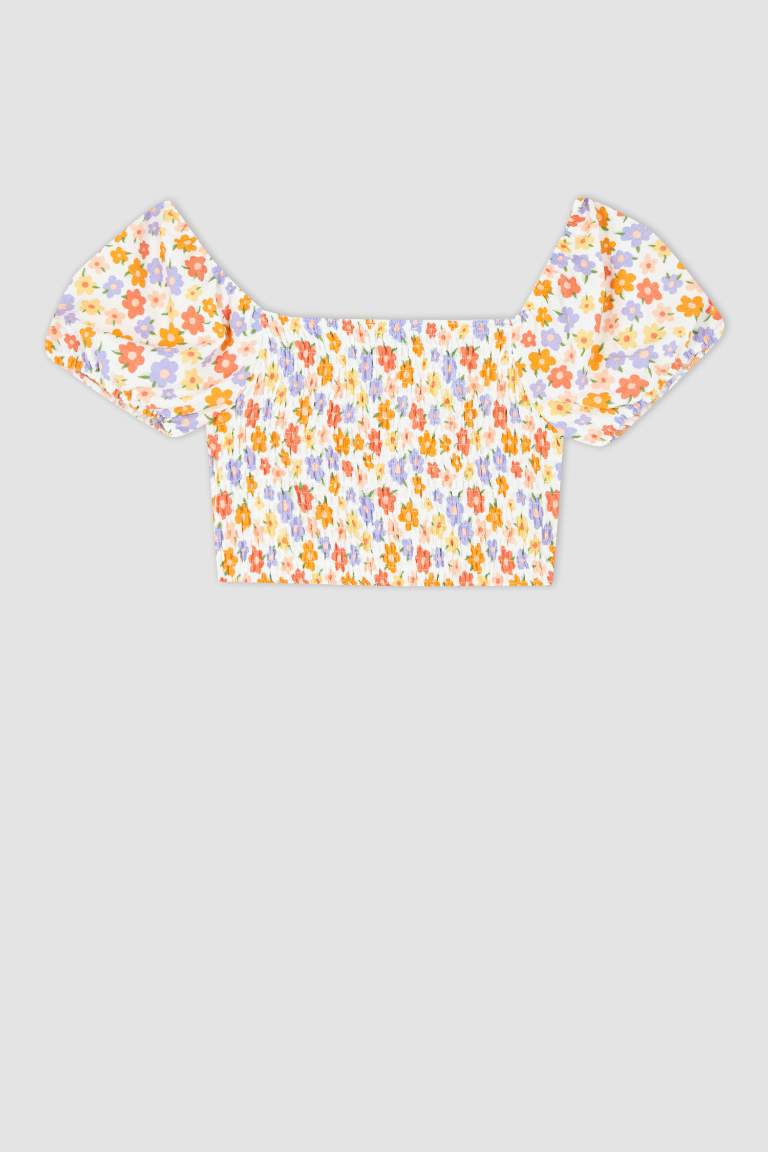 Slim Fit Short Balloon Sleeves Floral Print Crop Top