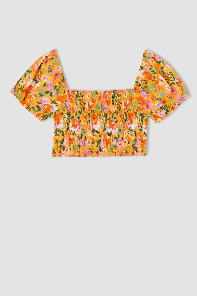 Slim Fit Short Balloon Sleeves Floral Print Crop Top