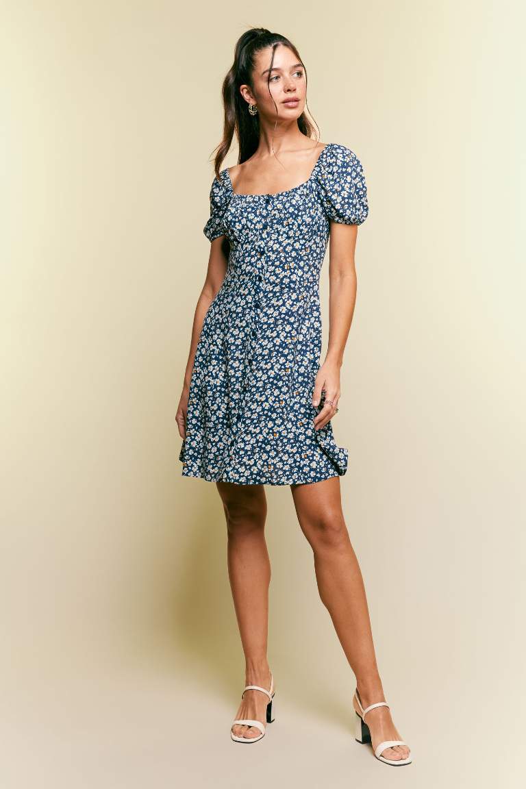 Heart Collar Printed Mini Dress