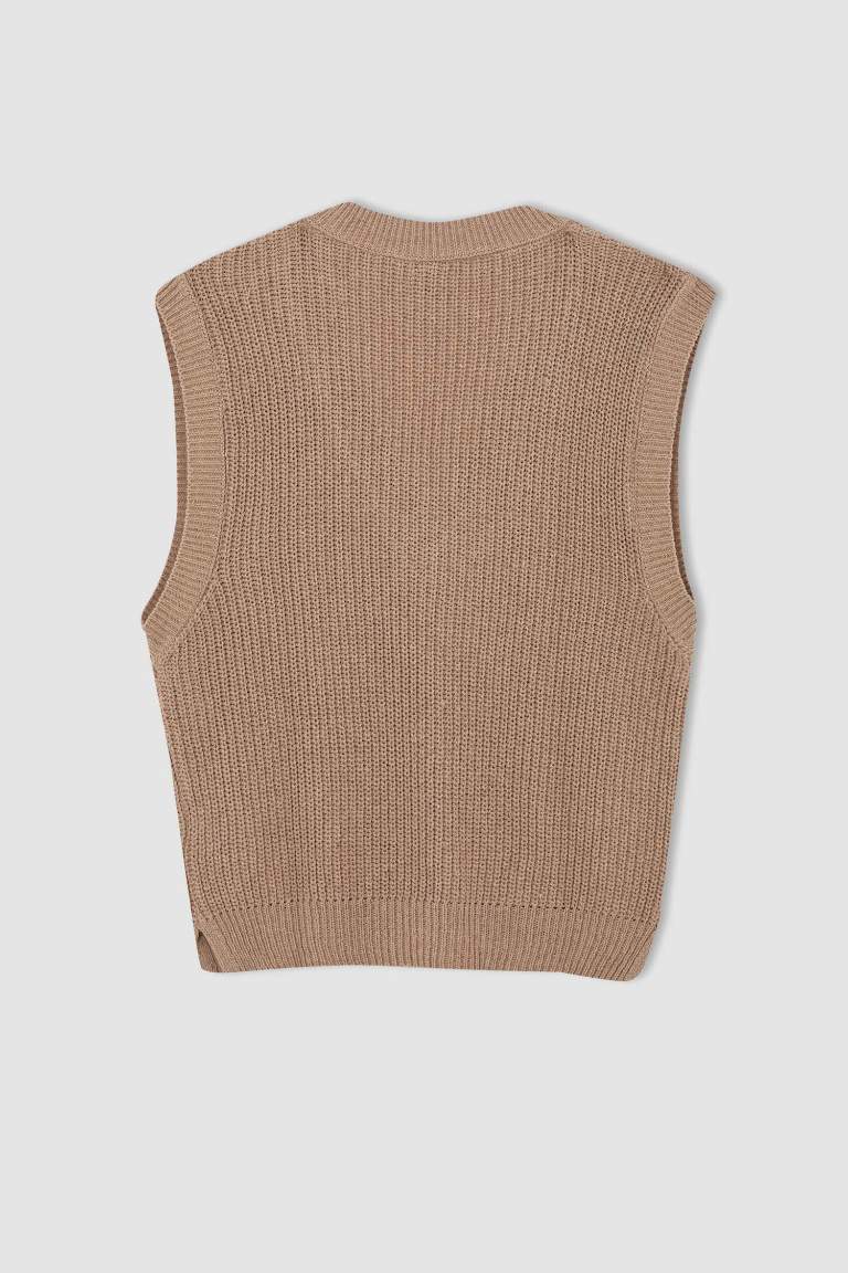 V Yaka Örgü Desenli Triko Süveter