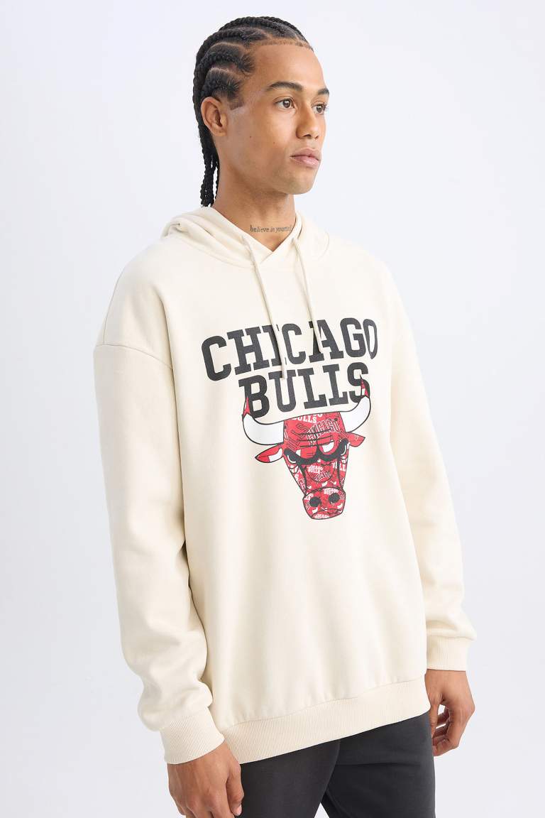 DeFactoFit NBA Chicago Bulls Boxy Fit Kapüşonlu Kalın Sweatshirt