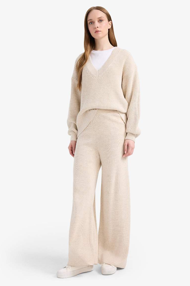 Relax Fit Triko Pantolon Basic Düz Beli Lastikli Geniş Paça