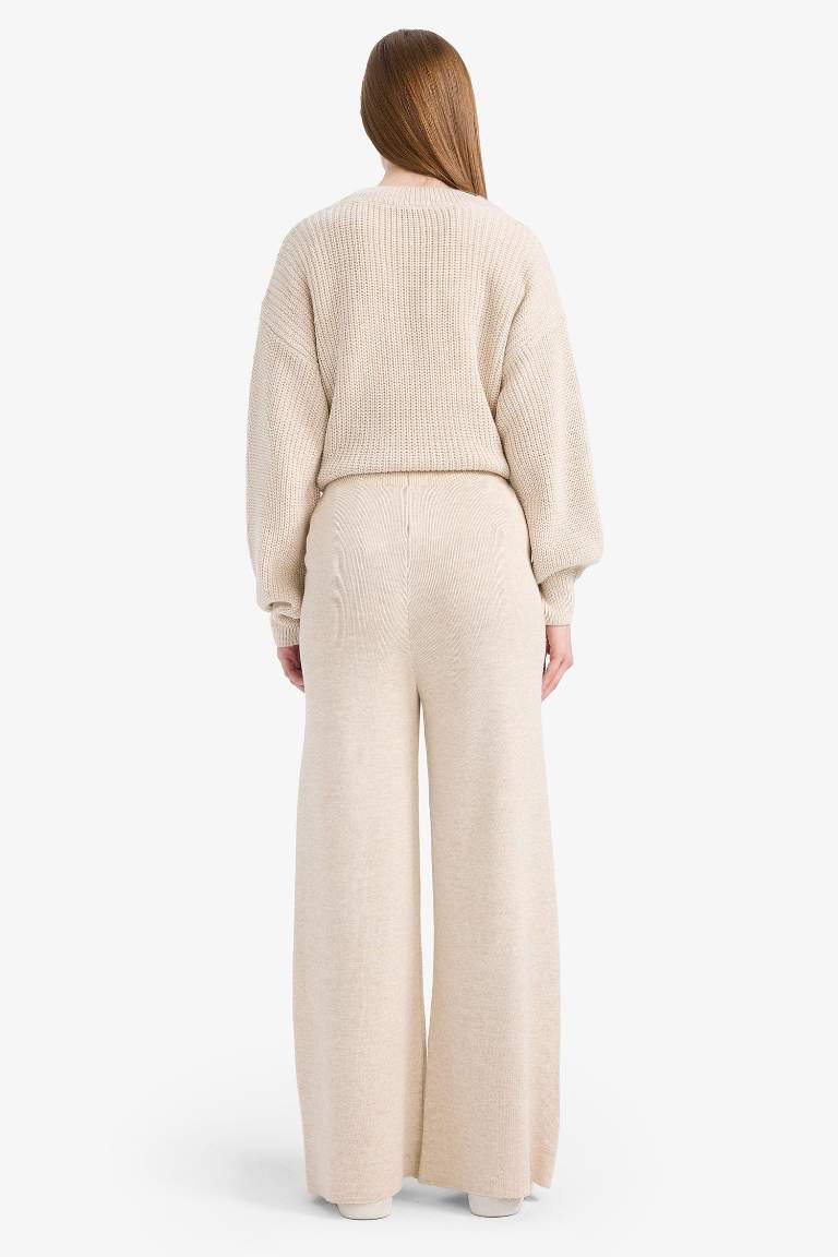 Relax Fit Triko Pantolon Basic Düz Beli Lastikli Geniş Paça