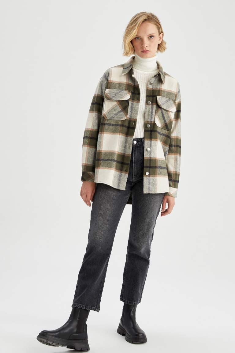 Oversize Fit Gömlek Yaka Flanel Uzun Kollu Tunik