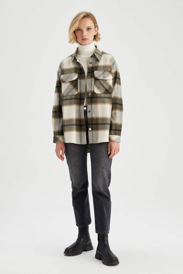 Oversize Fit Gömlek Yaka Flanel Uzun Kollu Tunik