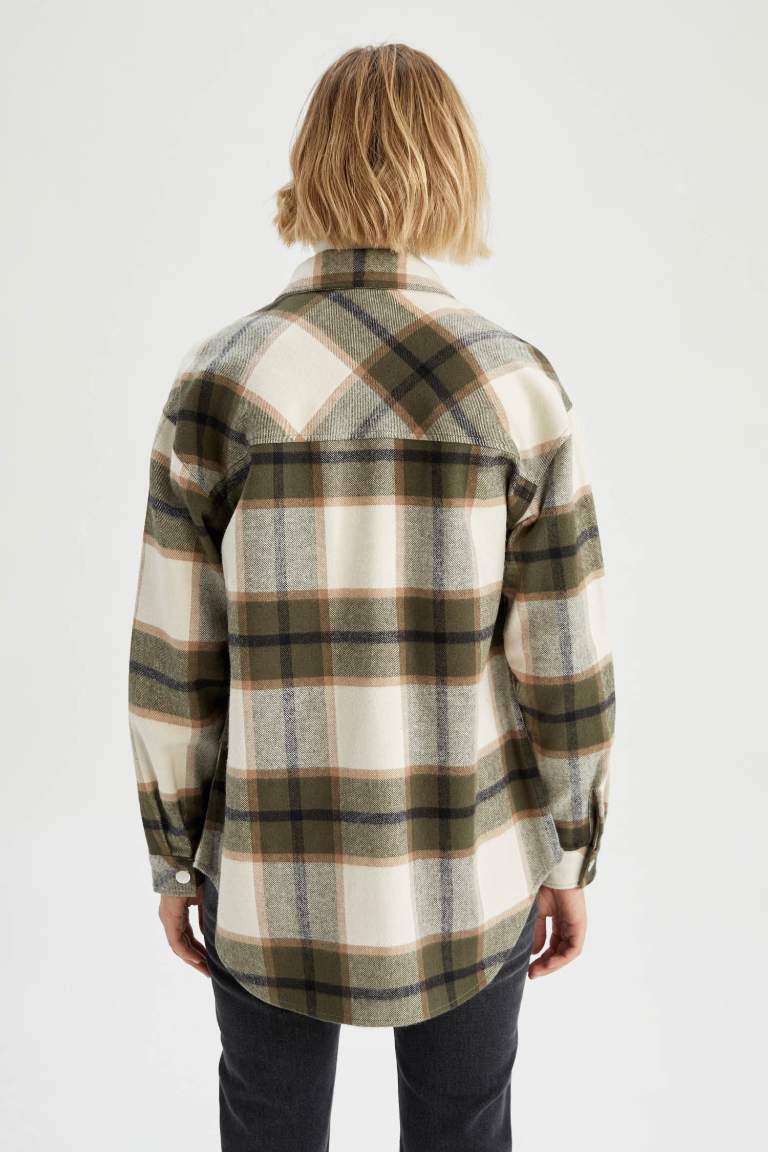Oversize Fit Gömlek Yaka Flanel Uzun Kollu Tunik