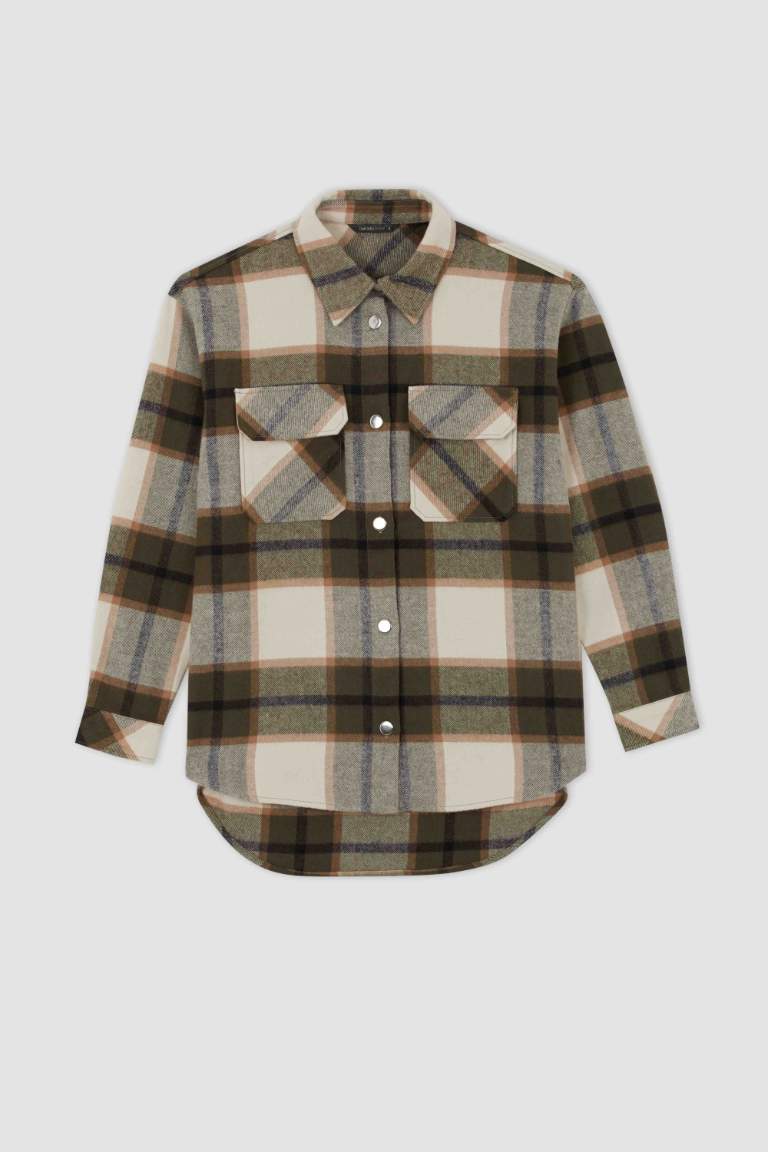 Oversize Fit Gömlek Yaka Flanel Uzun Kollu Tunik