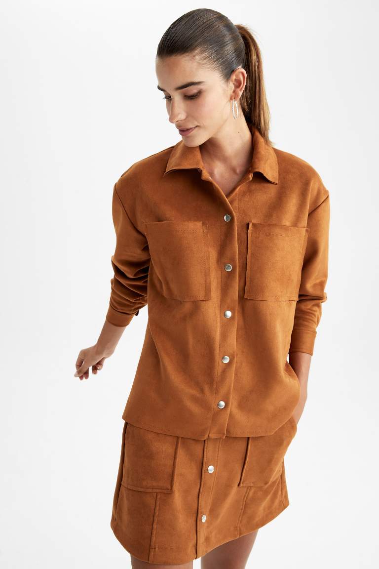 Oversize Fit Süet Uzun Kollu Gömlek