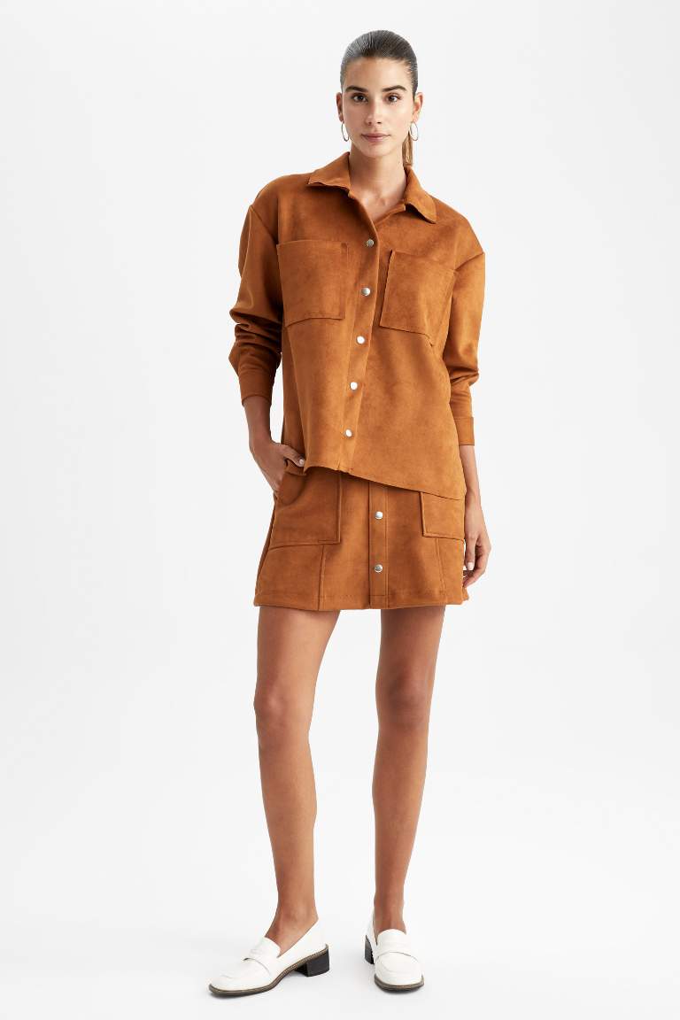 Oversize Fit Süet Uzun Kollu Gömlek