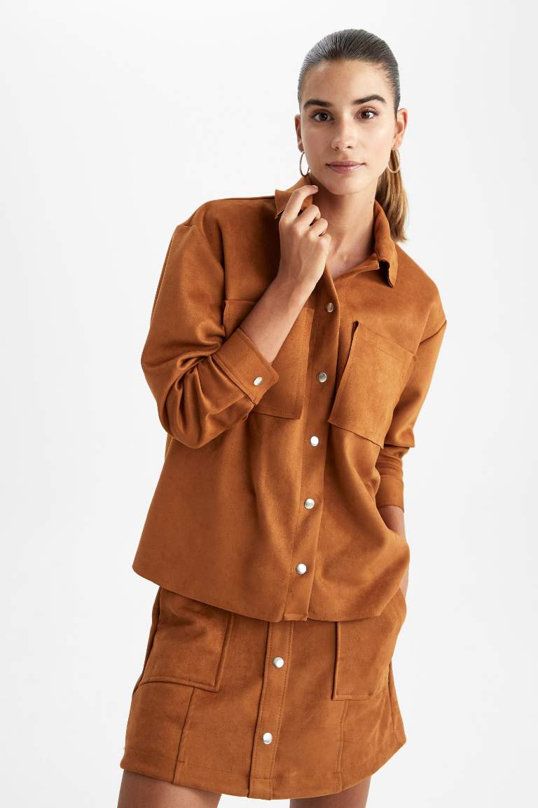 Oversize Fit Süet Uzun Kollu Gömlek