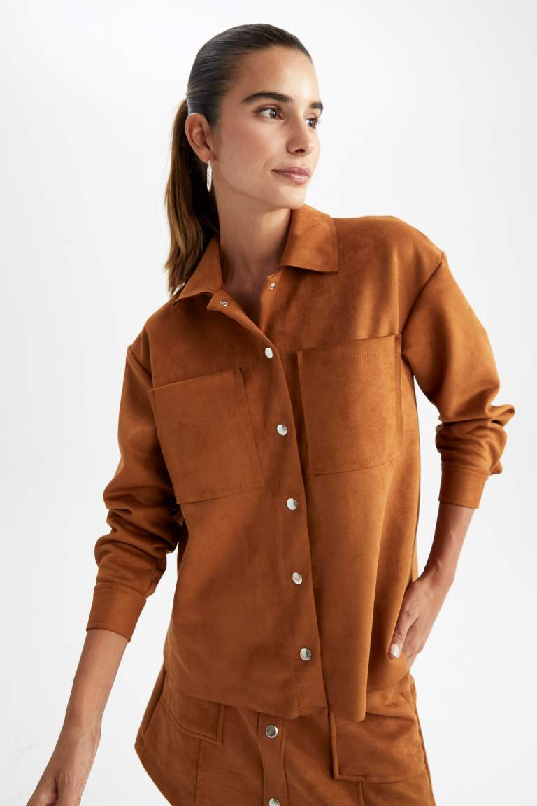Oversize Fit Süet Uzun Kollu Gömlek