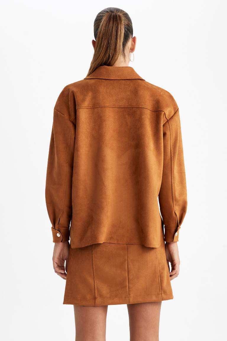 Oversize Fit Süet Uzun Kollu Gömlek