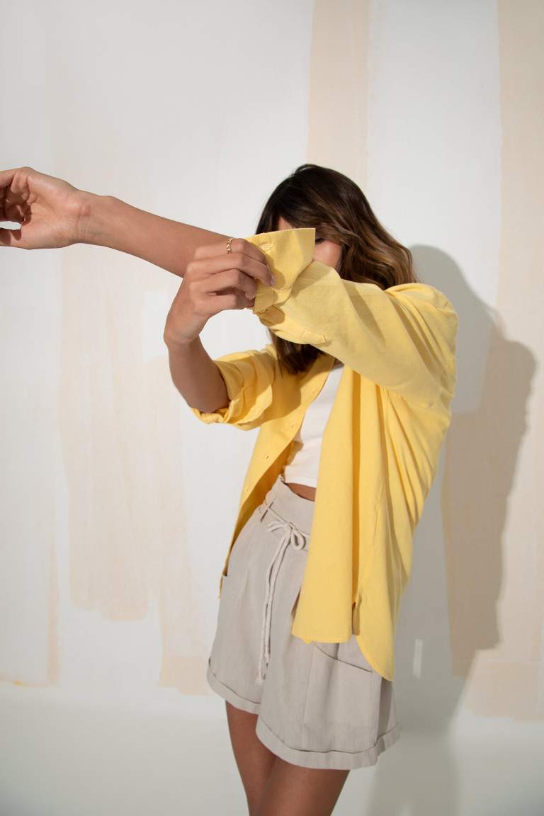 Oversize Fit Keten Uzun Kollu Gömlek