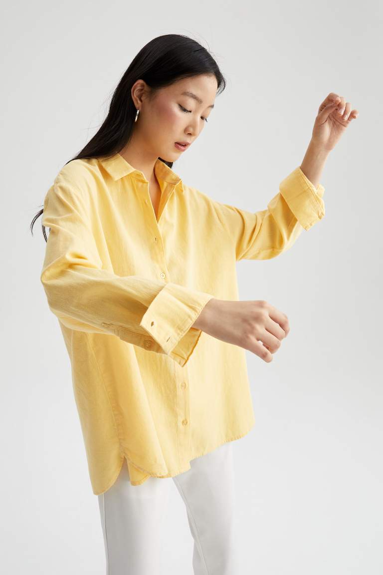 Oversize Fit Keten Uzun Kollu Gömlek