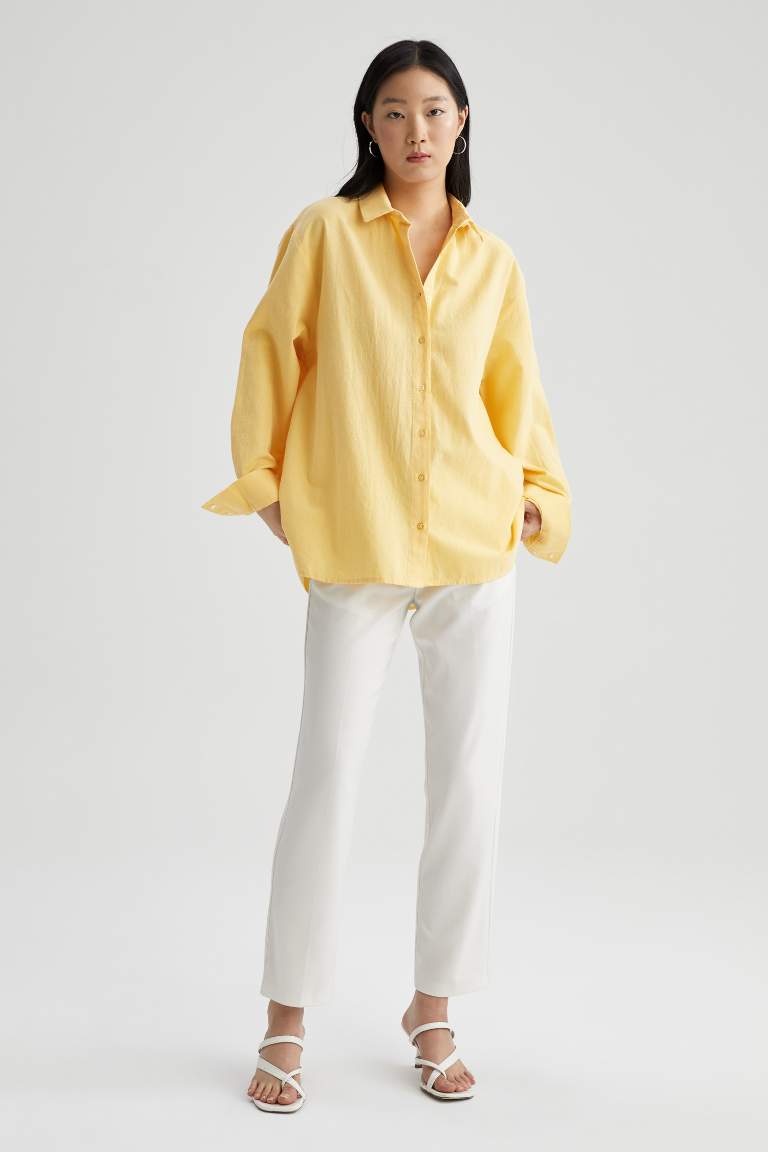 Oversize Fit Keten Uzun Kollu Gömlek