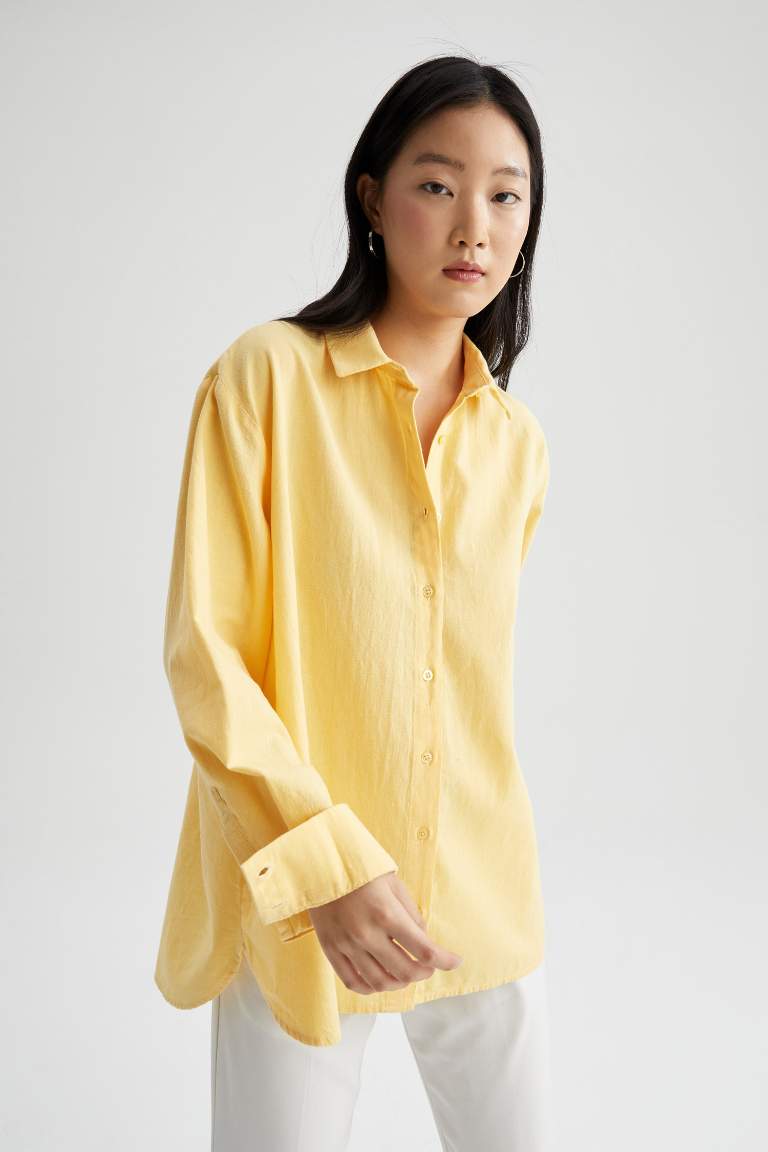 Oversize Fit Keten Uzun Kollu Gömlek