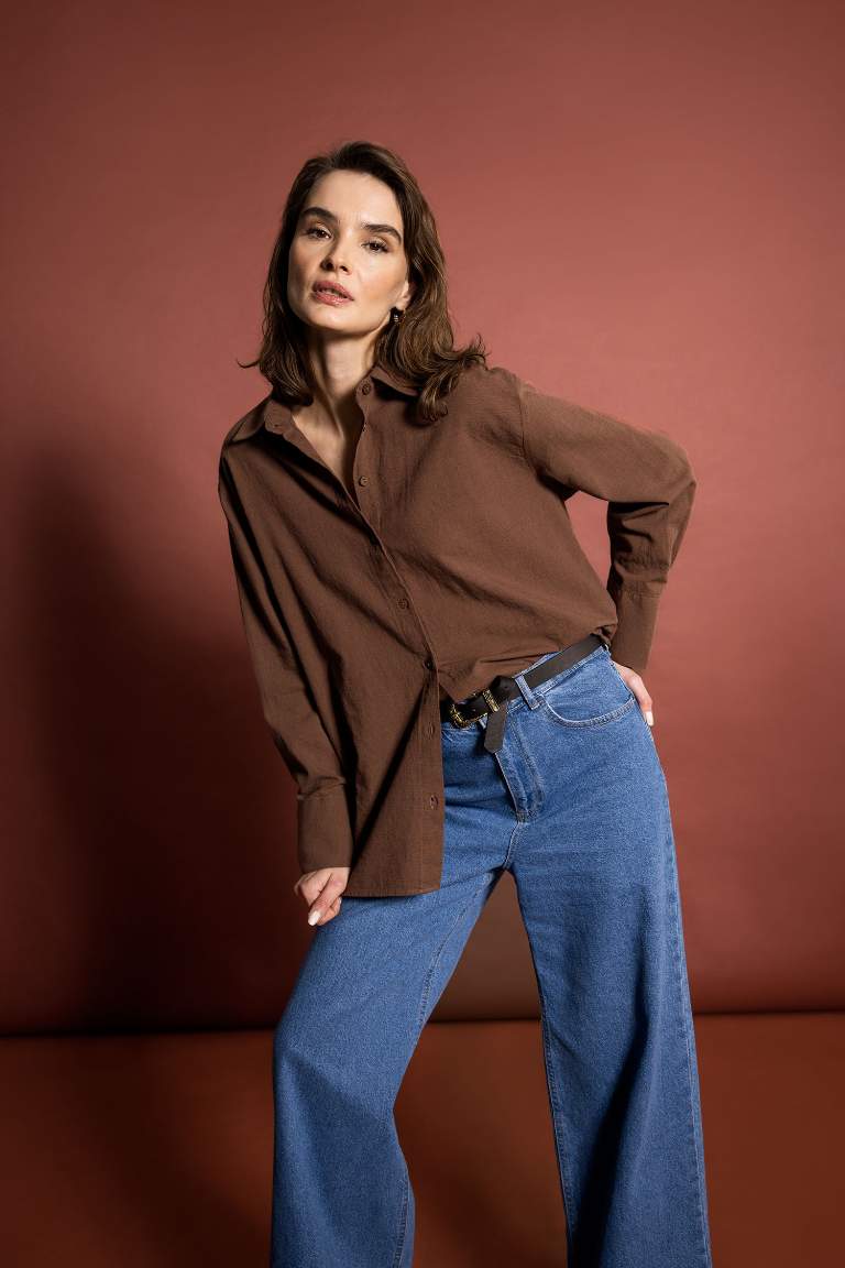 Oversize Fit Shirt Collar Linen Long Sleeve Shirt