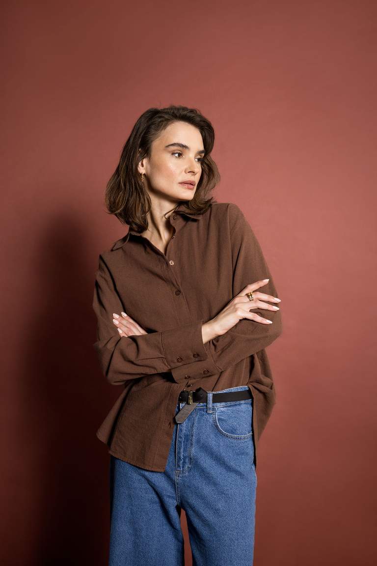 Oversize Fit Shirt Collar Linen Long Sleeve Shirt