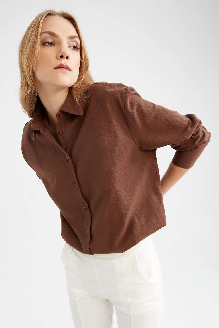 Oversize Fit Shirt Collar Linen Long Sleeve Shirt
