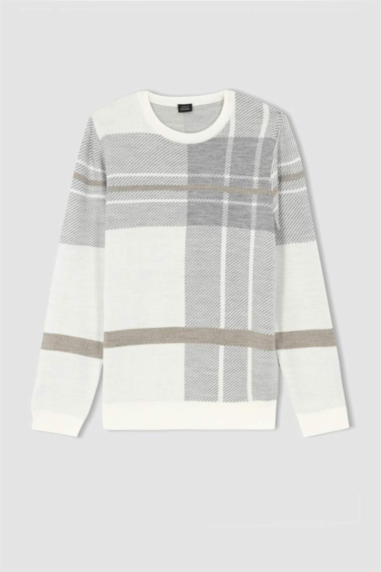 Pull en laine jaune rayé blanc manches longues col rond col et poignets volantés - Zelie | Motus Boutique