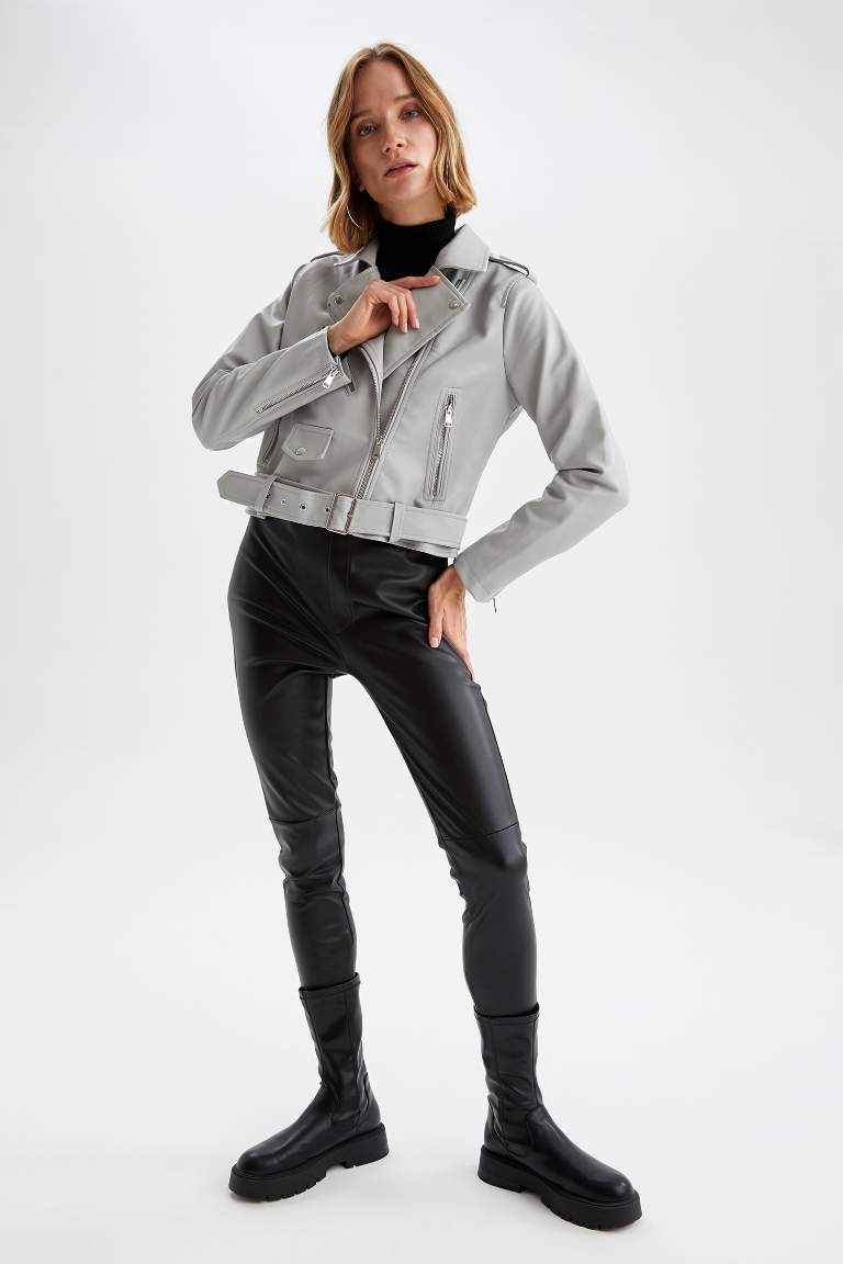 Regular Fit Kemer Detaylı Su İtici Suni Deri Biker Ceket