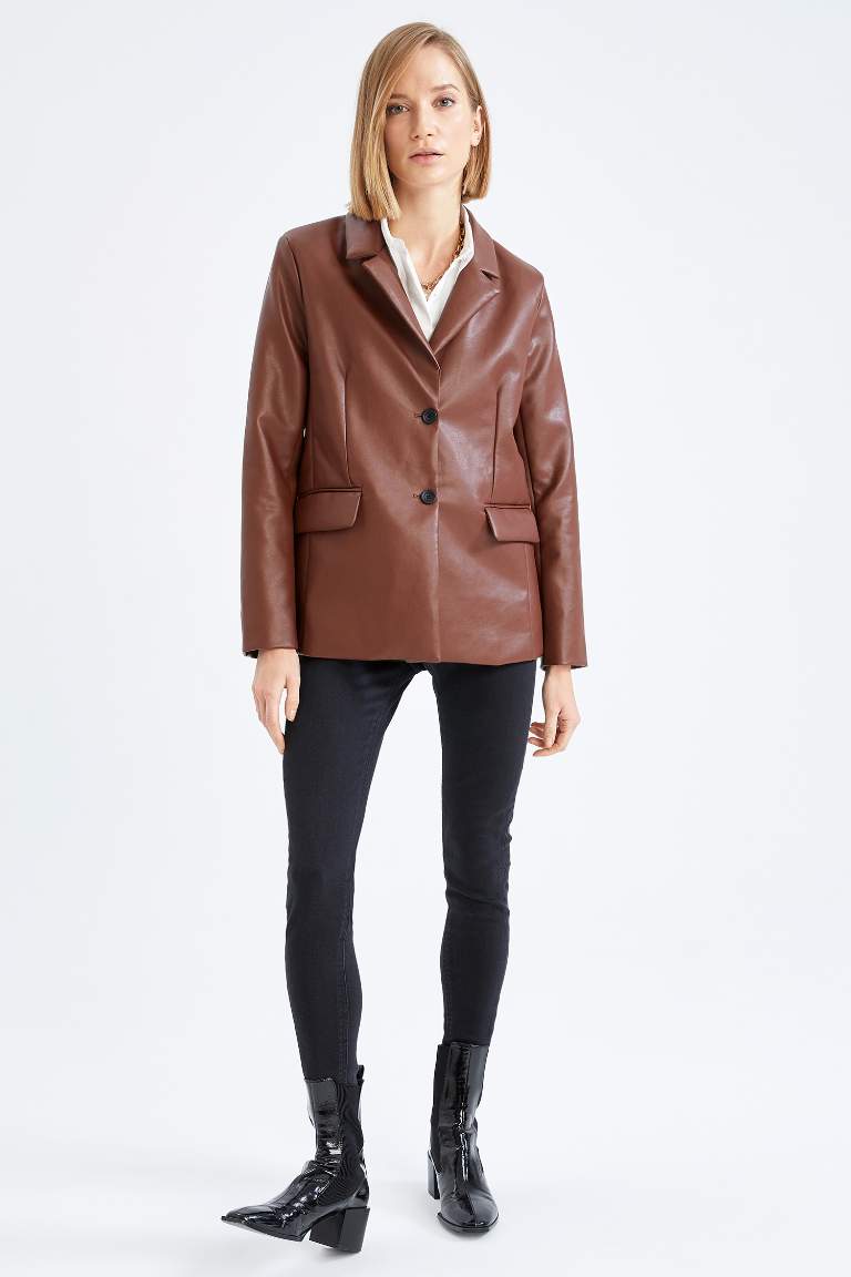 Regular Fit Cep Detaylı Su İtici Suni Der Blazer Ceket