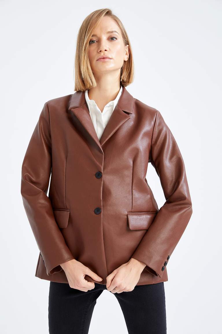 Regular Fit Cep Detaylı Su İtici Suni Der Blazer Ceket