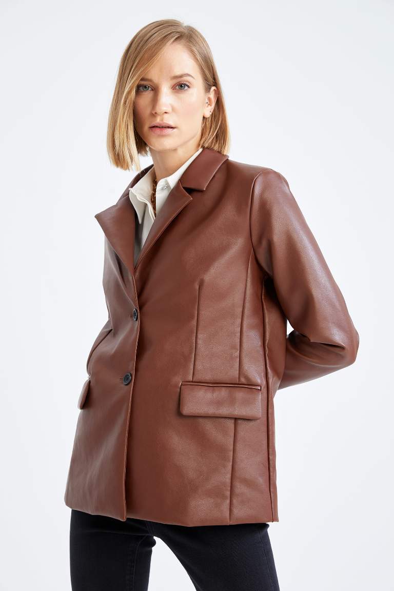Regular Fit Cep Detaylı Su İtici Suni Der Blazer Ceket