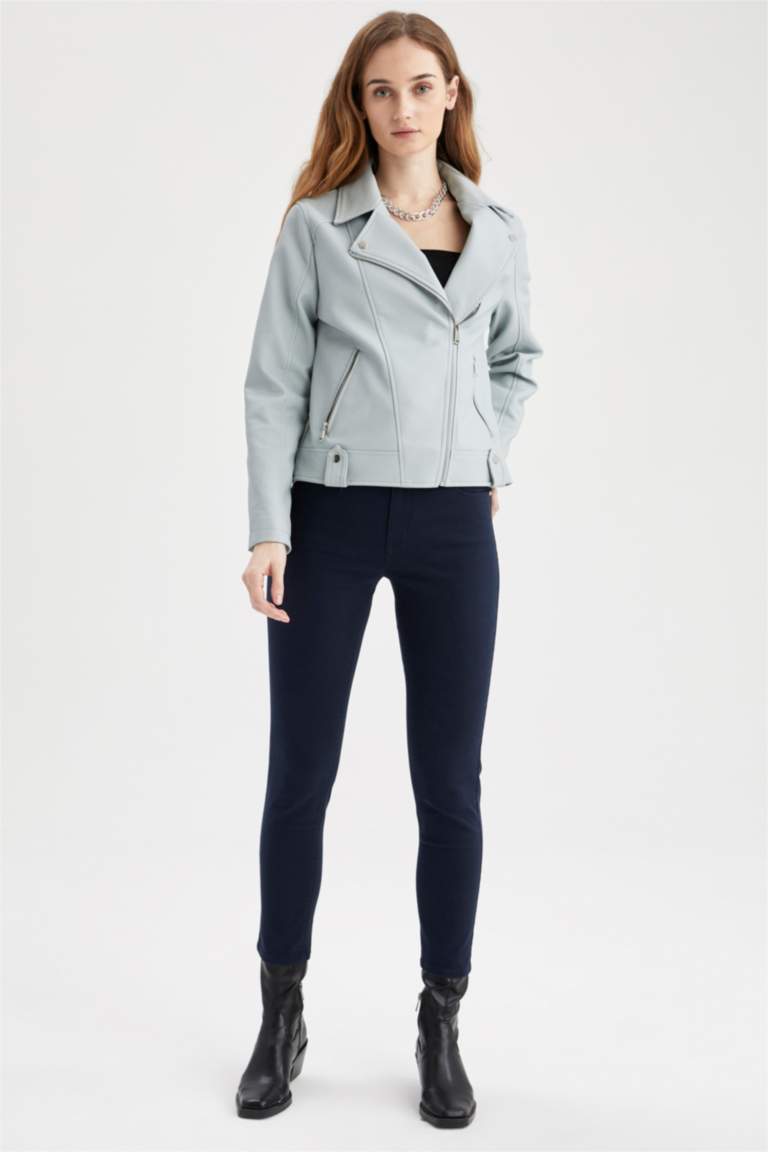 Regular Fit Suni Deri Su İtici Biker Ceket
