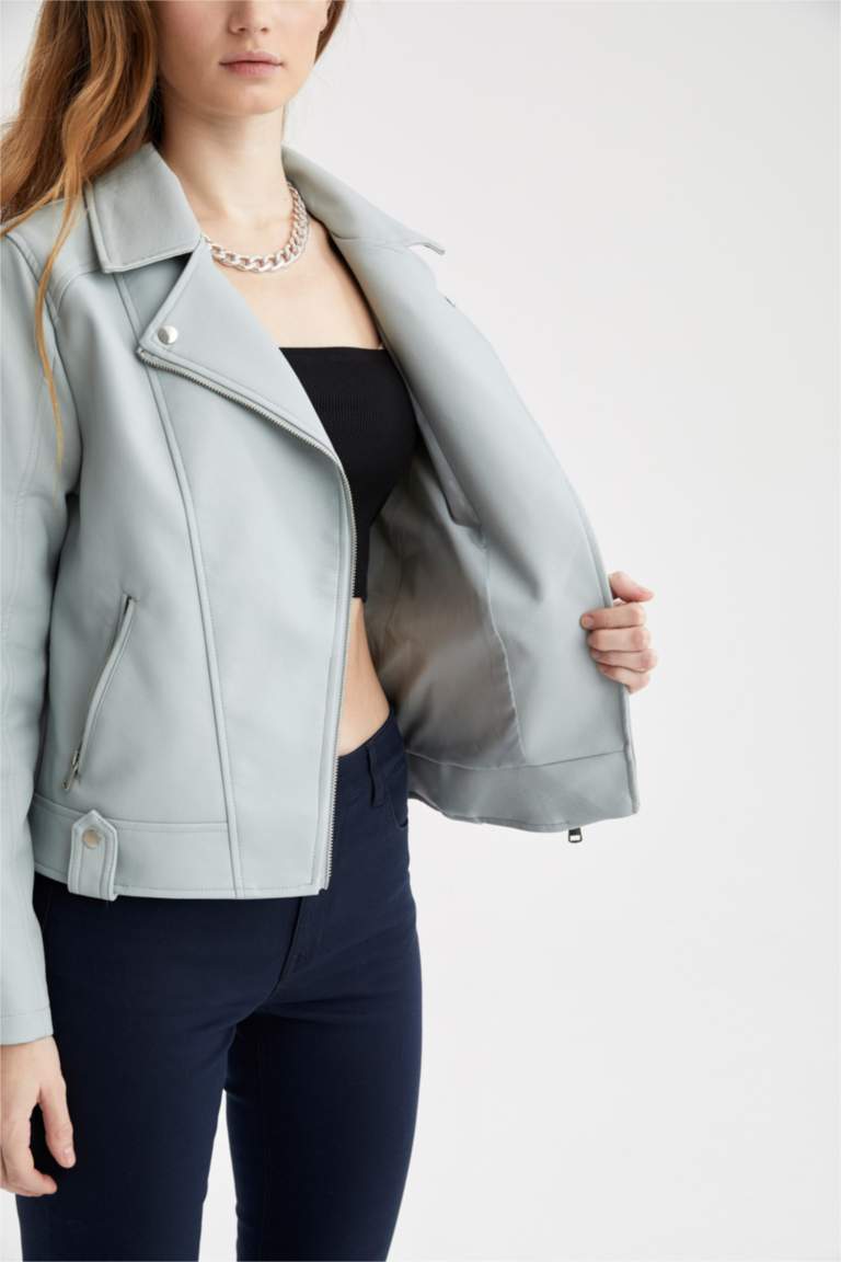 Regular Fit Suni Deri Su İtici Biker Ceket
