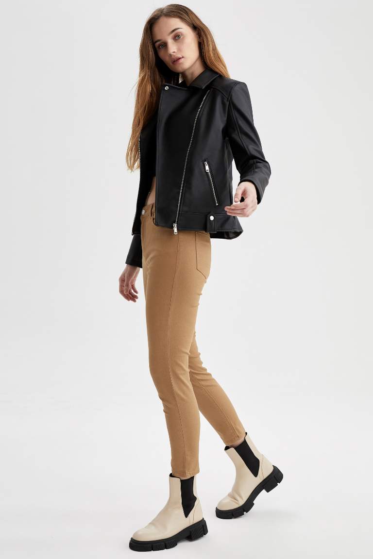 Regular Fit Bisiklet Yaka Suni Deri Mont