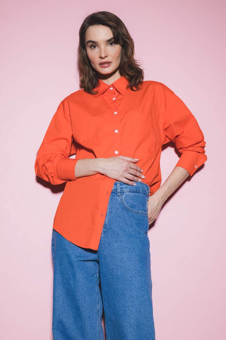 Oversize Fit Shirt Collar Poplin Long Sleeve Shirt