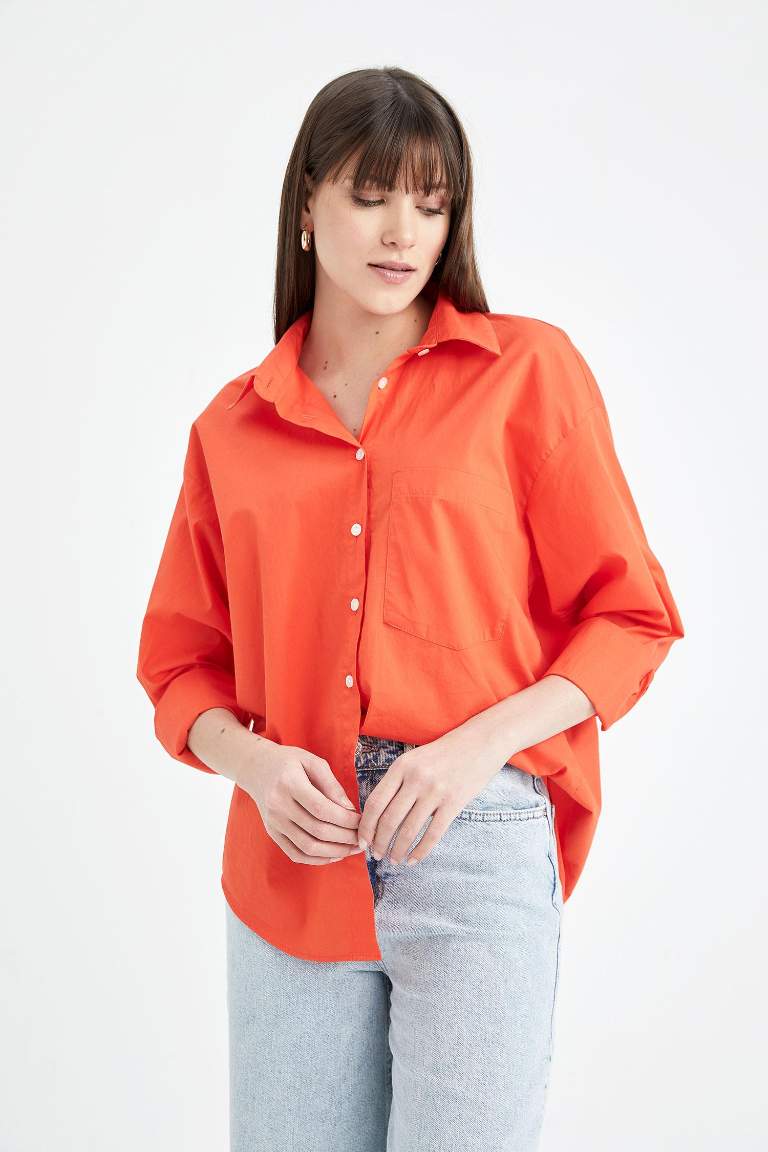 Orange Woman Oversize Fit Shirt Collar Poplin Long Sleeve Shirt 2723599