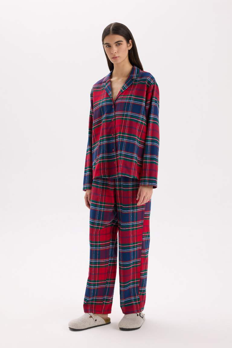 Fall in Love Plaid Flannel Top Bottom 2 Piece Pajama Set