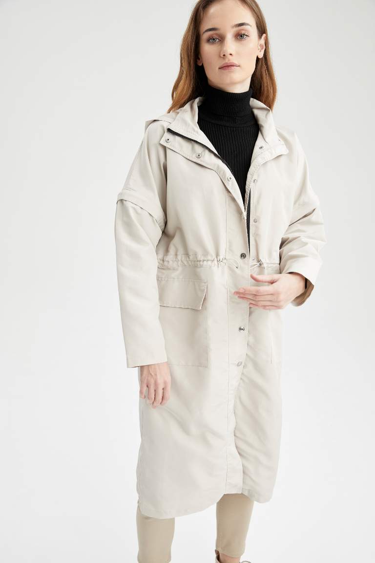 Beige Woman Oversize Fit Hooded Inflatable Long Water Repellent Coat ...