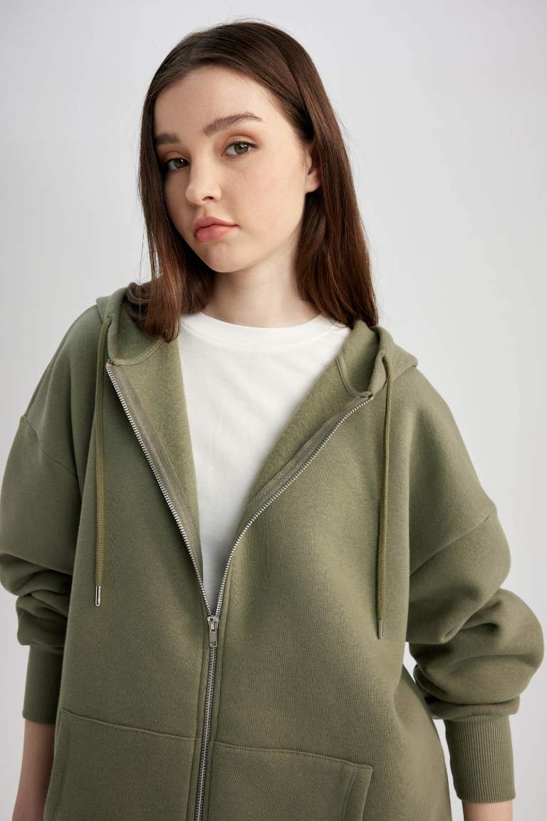 Oversize Geniş Kalıp Kapüşonlu Cepli Basic Düz Fermuarlı Sweatshirt