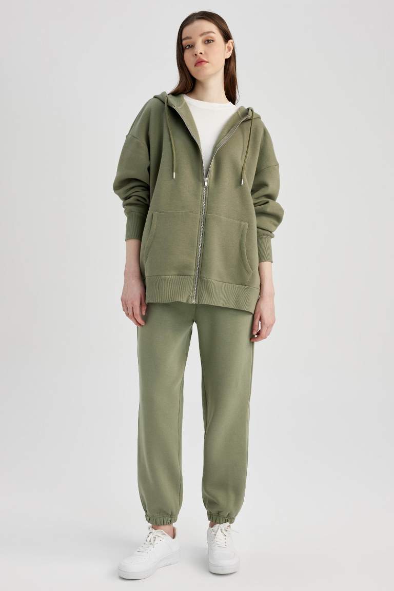 Oversize Geniş Kalıp Kapüşonlu Cepli Basic Düz Fermuarlı Sweatshirt