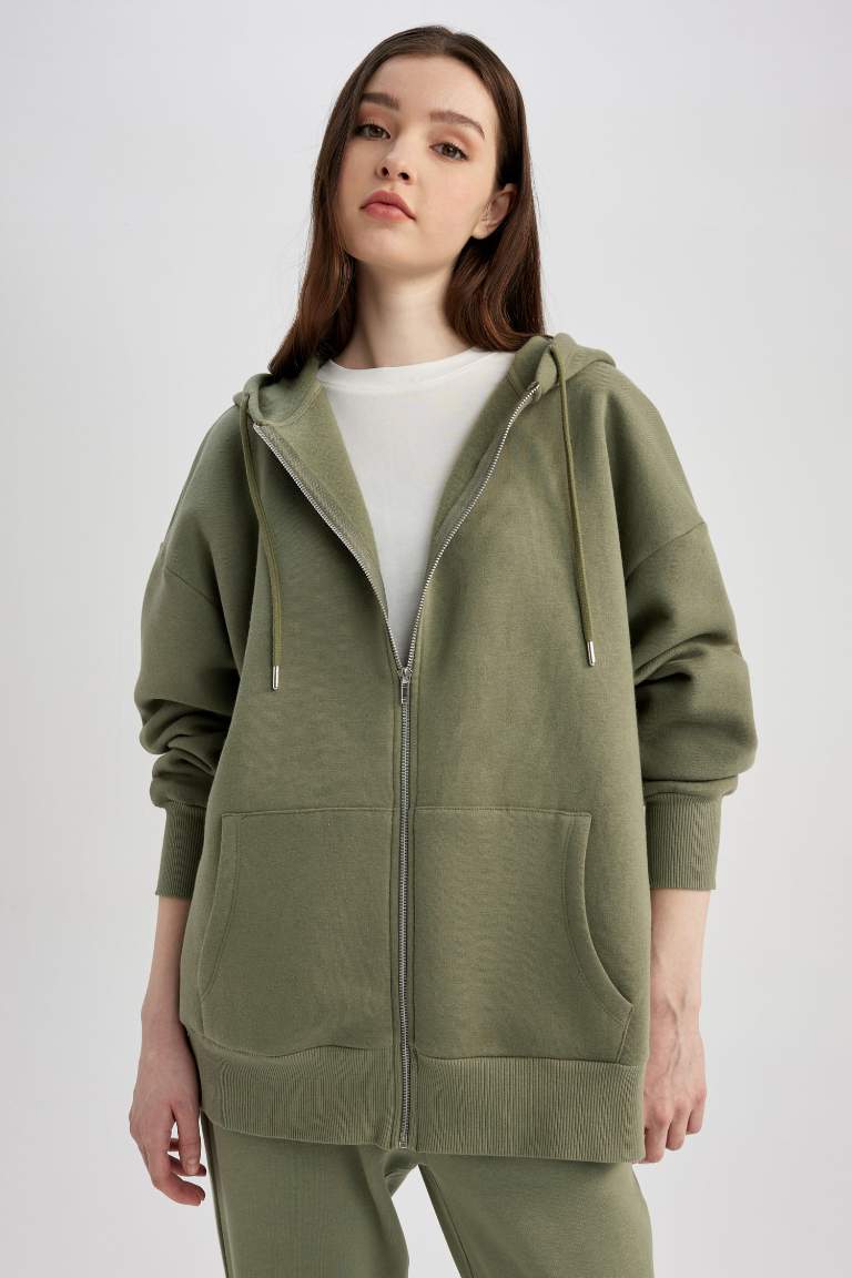 Oversize Geniş Kalıp Kapüşonlu Cepli Basic Düz Fermuarlı Sweatshirt