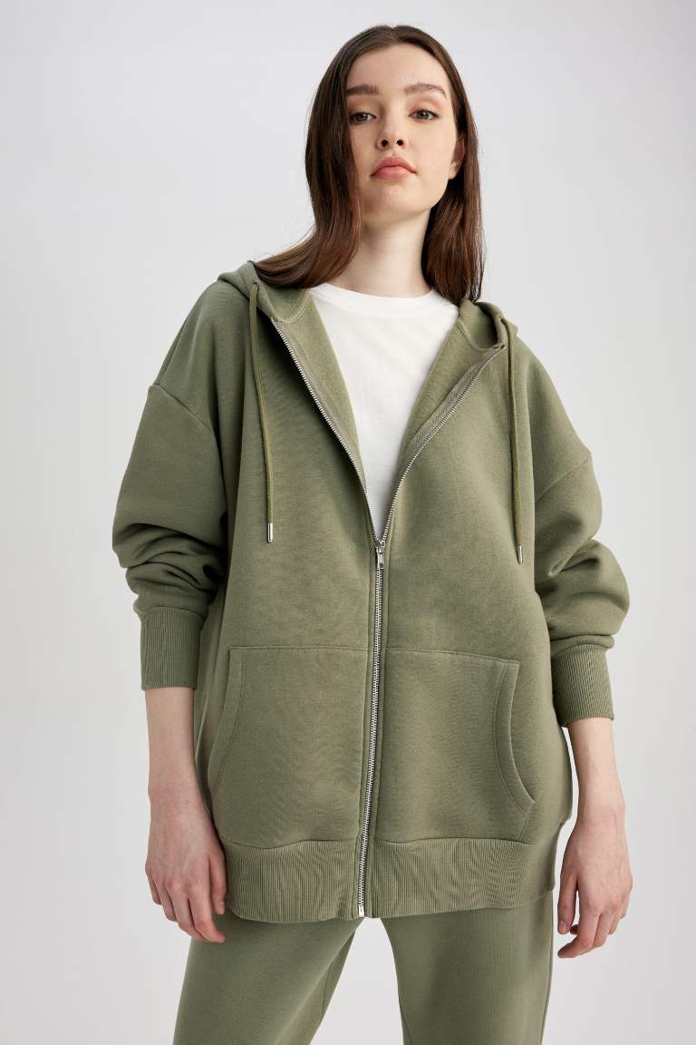 Oversize Geniş Kalıp Kapüşonlu Cepli Basic Düz Fermuarlı Sweatshirt