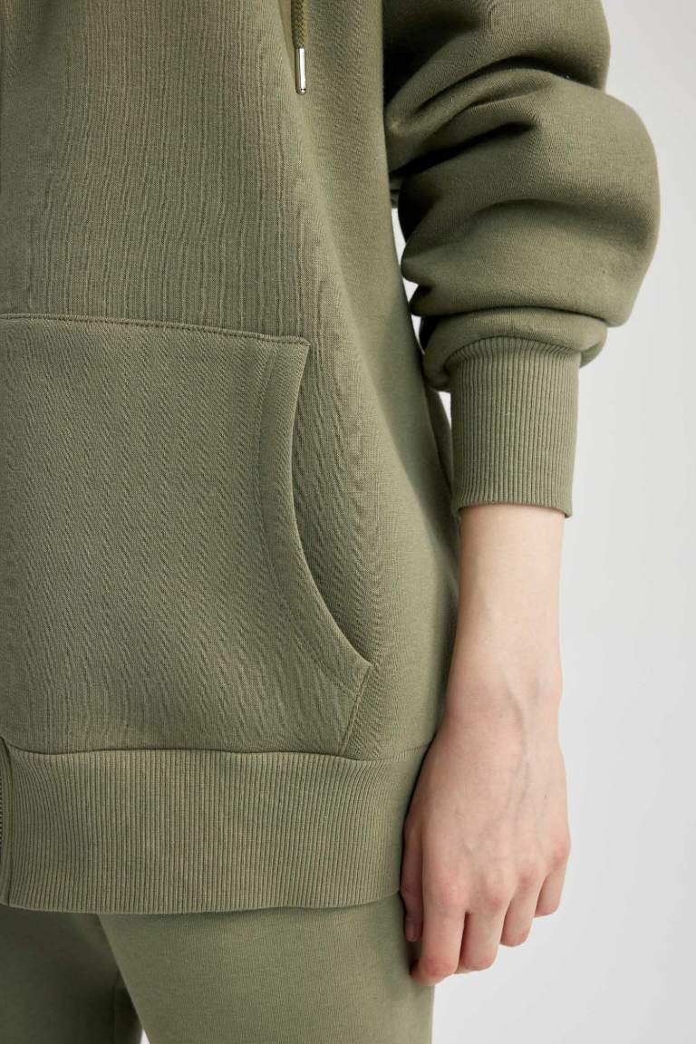 Oversize Geniş Kalıp Kapüşonlu Cepli Basic Düz Fermuarlı Sweatshirt