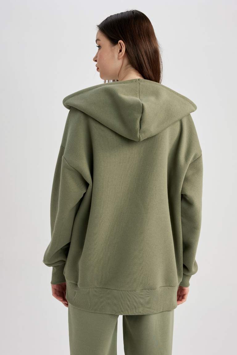 Oversize Geniş Kalıp Kapüşonlu Cepli Basic Düz Fermuarlı Sweatshirt