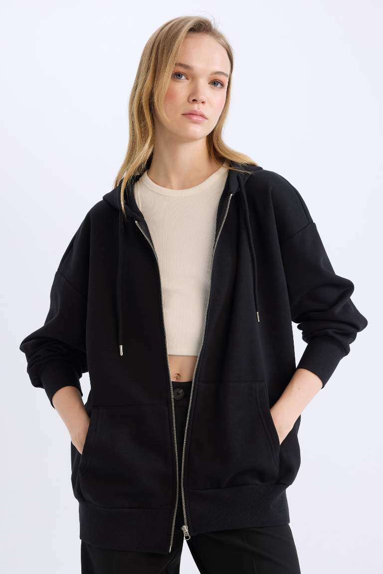 Oversize Fit Hooded Pocketed Basic Zippered Sweatshirt