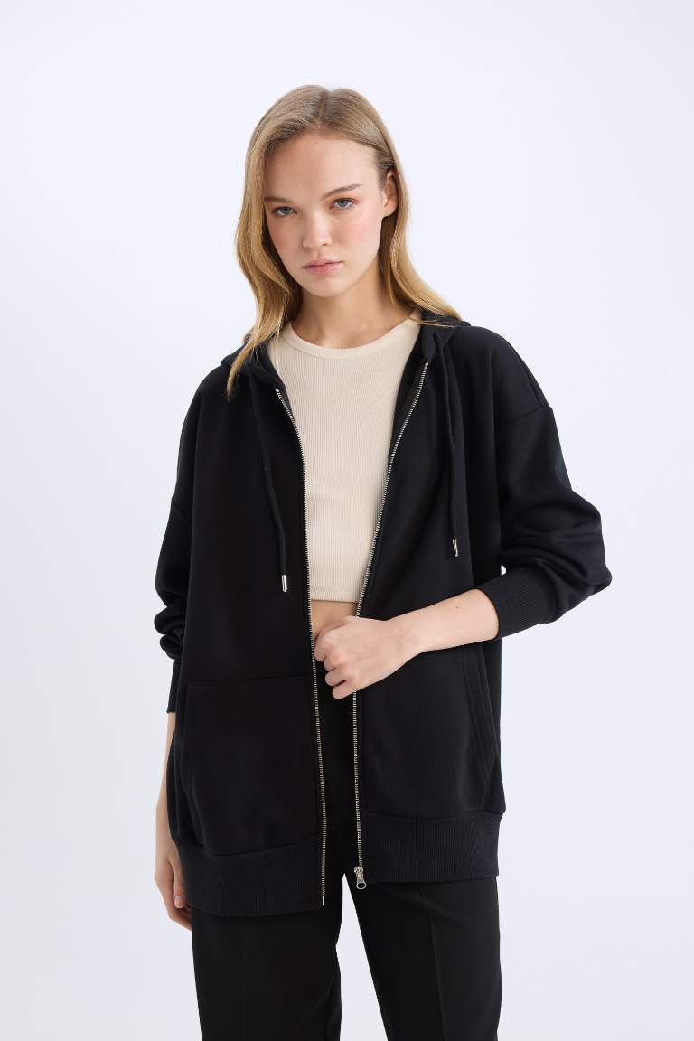 Oversize Fit Hooded Pocketed Basic Zippered Sweatshirt