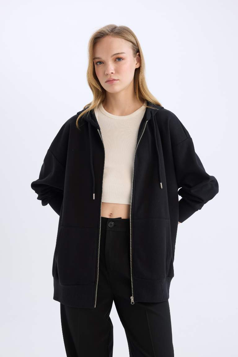 Oversize Fit Hooded Pocketed Basic Zippered Sweatshirt