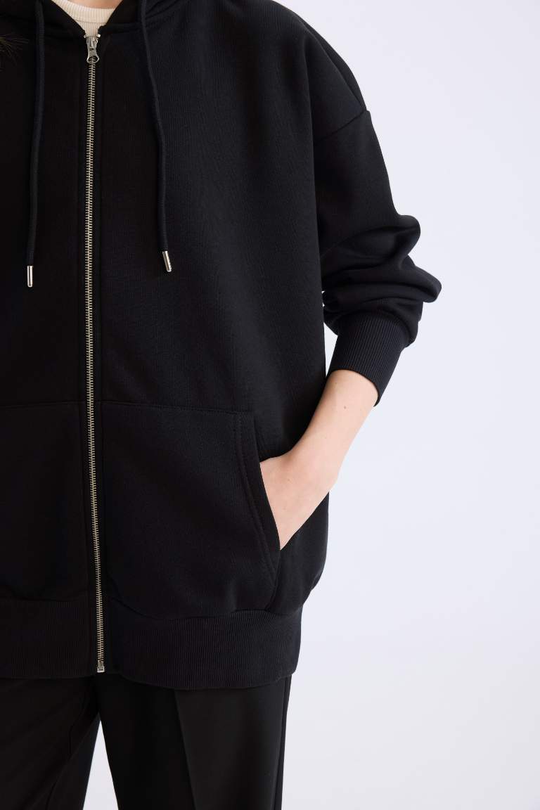 Oversize Fit Hooded Pocketed Basic Zippered Sweatshirt