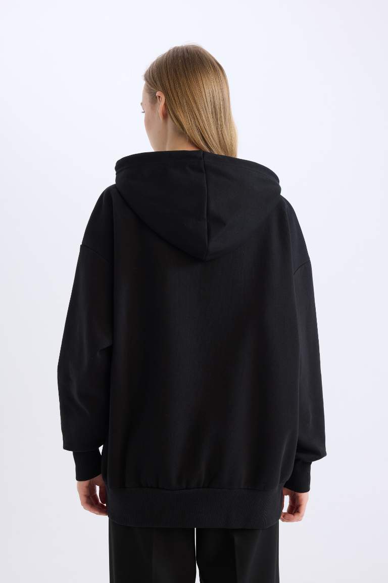 Oversize Fit Hooded Pocketed Basic Zippered Sweatshirt