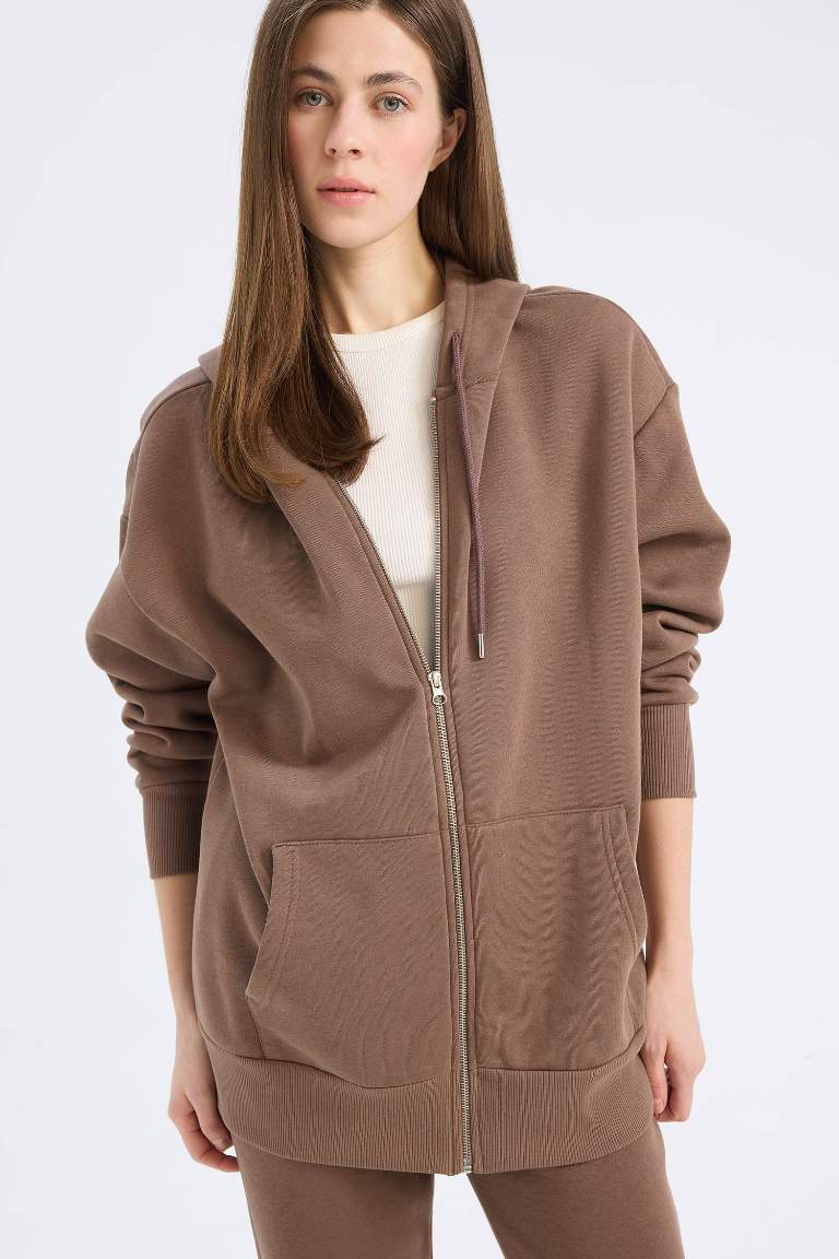 Oversize Fit Hooded Pocket Basic Zippered Sweatshirt